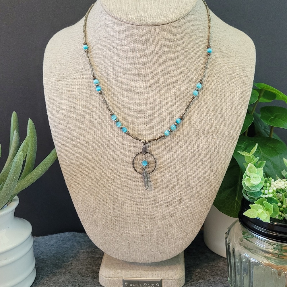 Western Dreamcatcher Turquoise Blue Bead Feather Necklace 16in